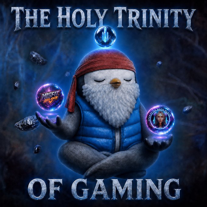 A digital artwork titled 'THE HOLY TRINITY OF GAMING' featuring a meditating penguin character holding glowing orbs with 'MISFITS' and 'MOBILE LEGENDS' logos.