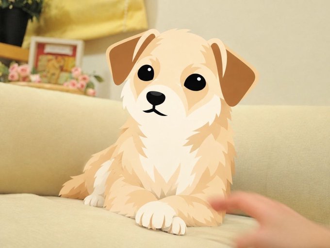 An adorable golden-furred cartoon puppy sits on a cream-colored couch, with a hand reaching toward it, embodying "CALI," Maye Musk's new meme coin companion to Elon Musk's "DOGE."