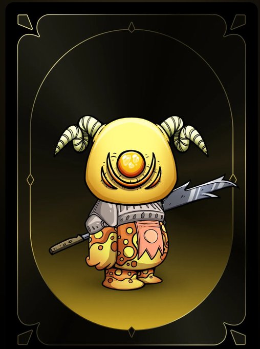 An illustrated trading card-style image of a yellow, one-eyed creature with ram-like horns holding a jagged sword.