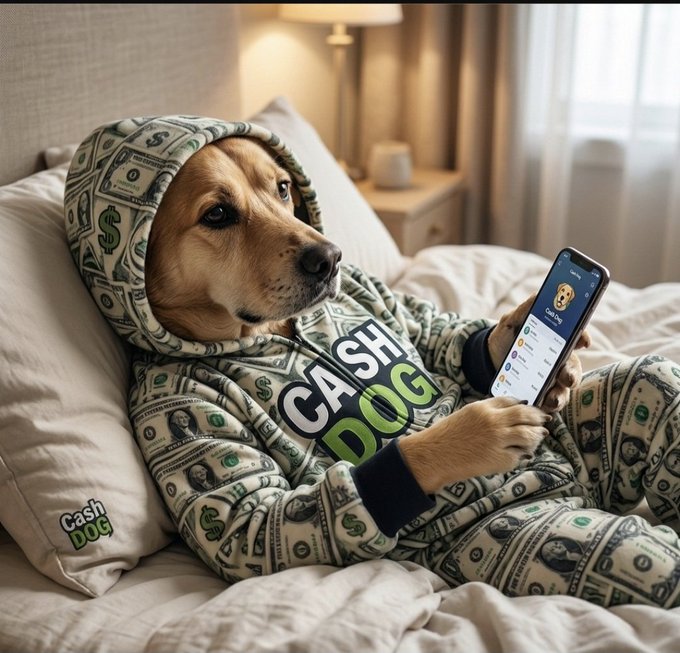 A golden retriever wearing a hooded onesie patterned with dollar bills and the words 'CASH DOG' lies on a bed while looking at a smartphone displaying a 'Cash Dog' app.