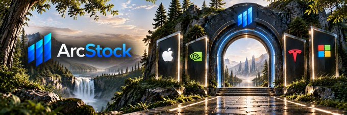 Fantasy landscape promotional banner for 'ArcStock' featuring an arched gateway displaying stock ticker logos including Apple, NVIDIA, Tesla, and Microsoft, with waterfalls and mountains in the background.
