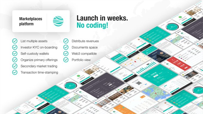 Marketing graphic for a 'Marketplaces platform' with the tagline 'Launch in weeks. No coding!' featuring feature checkmarks like 'List multiple assets', 'Investor KYC on-boarding', and 'Self-custody wallets', alongside a grid of dashboard screenshots.
