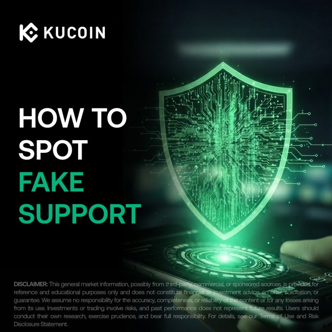 The image is a KuCoin-branded graphic titled "HOW TO SPOT FAKE SUPPORT," featuring a glowing green digital shield over a laptop to symbolize cybersecurity, with a standard investment disclaimer at the bottom. It reinforces the post's message by visually emphasizing the importance of verifying sources before trusting messages claiming to be from KuCoin support.