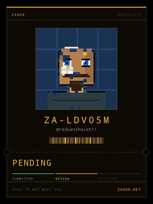 A digital ID card from ZADDR displaying the identifier 'ZA-LDV05M' for user '@reduansheikh11', with a pixel art avatar and a pending review status.
