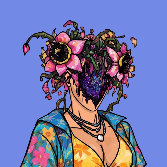Digital illustration of a figure in a colorful floral shirt wearing a surreal headpiece made of blooming pink flowers and dark vines covering their face, set against a blue background.