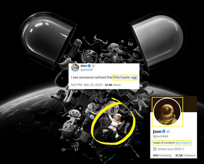 A black and white meme image showing various cartoon characters floating in space between two giant pills, with a tweet from alon (@alion9) dated March 22, 2025 saying 'I see someone noticed the little Easter egg' (13.9K views), and a Twitter profile card for jason (@json1444) identified as 'head of content @pumpfun' with an astronaut avatar circled in yellow.