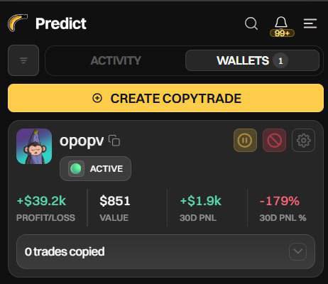The image shows a "Predict" wallet tracker interface displaying a wallet named "opopv" with an "ACTIVE" status, showing $851 value, +$39.2k profit/loss, and -179% 30D PNL %, with a prominent "CREATE COPYTRADE" button highlighted. The screenshot illustrates the copy-trading setup process described in the post, where the user has added a tracked wallet to Banana Gun to follow and copy trades.