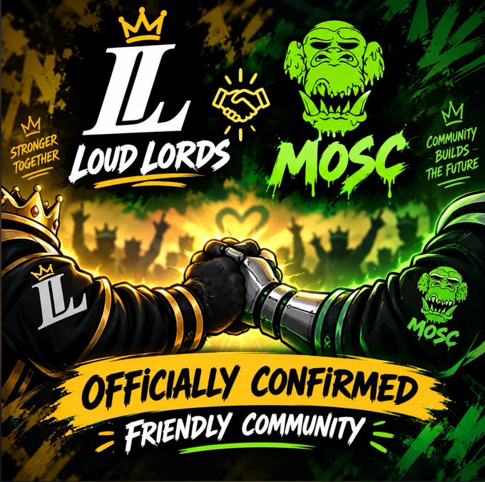 The image displays an announcement graphic featuring the Loud Lords (LL) logo on the left and the MOSC (Mutants on Solana Chain/MutantsOnSol) green gorilla logo on the right, with two armored arms fist-bumping in the center against a backdrop of cheering crowds. Text reads "STRONGER TOGETHER," "COMMUNITY BUILDS THE FUTURE," and "OFFICIALLY CONFIRMED FRIENDLY COMMUNITY," confirming the partnership announcement between Loud Lords and MutantsOnSol as a friendly community within the revival.