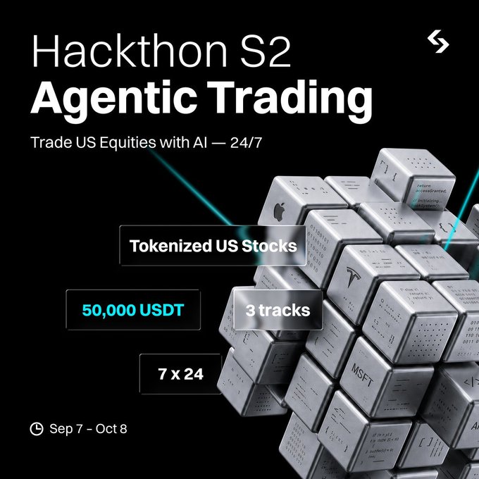 A promotional poster for 'Hackthon S2 Agentic Trading' with the tagline 'Trade US Equities with AI — 24/7', featuring 3D cubes with stock tickers like MSFT and Tesla, and details including 50,000 USDT prize pool, 3 tracks, and dates Sep 7 – Oct 8.