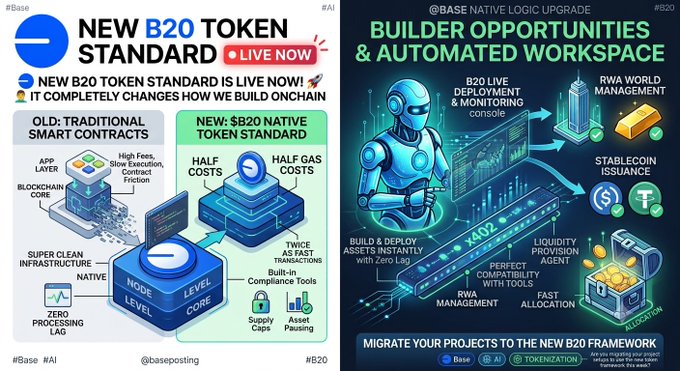 Two-panel promotional graphic for Base blockchain: the left panel contrasts 'OLD: Traditional Smart Contracts' with the 'NEW: B20 Native Token Standard' emphasizing lower gas costs and instant transactions, while the right panel highlights 'Builder Opportunities & Automated Workspace' with AI monitoring and RWA management, tagged @baseposting and #B20.