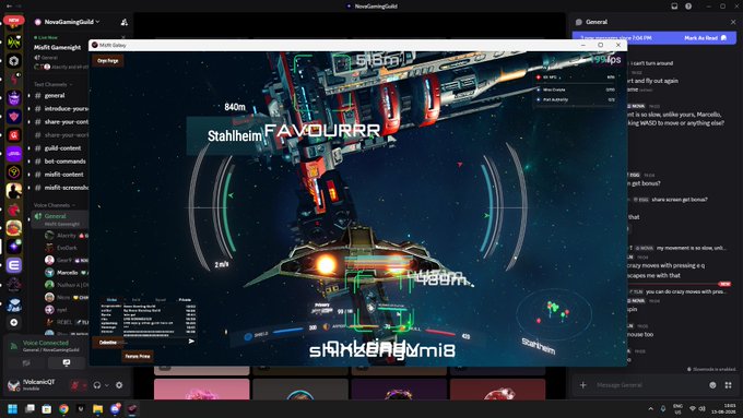 A screenshot of a Discord stream showing gameplay of the space combat game Eve Online. The game displays a spaceship HUD with targeting reticles on enemy vessels labeled "Stahlheim" and "Iskriger Mi8," along with distance markers like "5.05km" and "8.40m," while chat messages scroll on the right side.