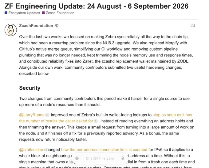 Zcash Foundation engineering update post titled 'ZF Engineering Update: 24 August - 6 September 2026' discussing Zebra sync improvements and security hardening changes by community contributors @LarryRuane and @craftsoldier.