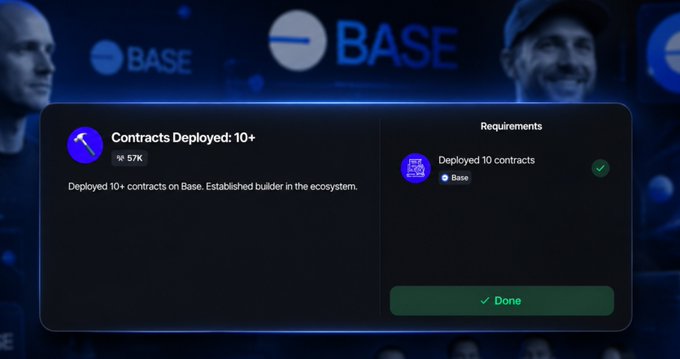 A Base blockchain achievement screen showing 'Contracts Deployed: 10+' with XP reward of 57K, marked as completed with a green 'Done' button.