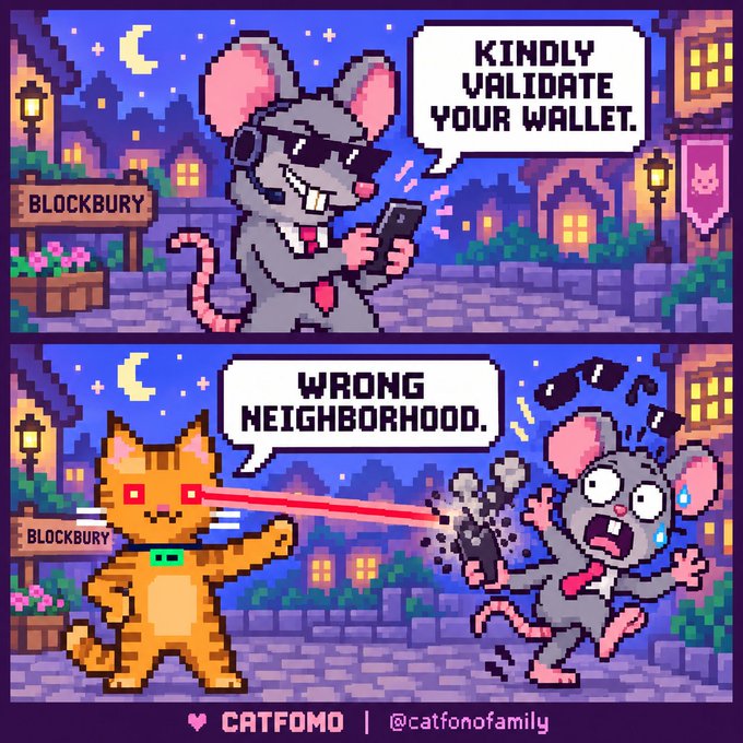 A two-panel pixel art comic by CATFOMO (@catfonofamily) shows a rat in a suit getting blasted by a cat in a 'BLOCKBURY' setting, with dialogue 'KINDLY VALIDATE YOUR WALLET.' and 'WRONG NEIGHBORHOOD.'