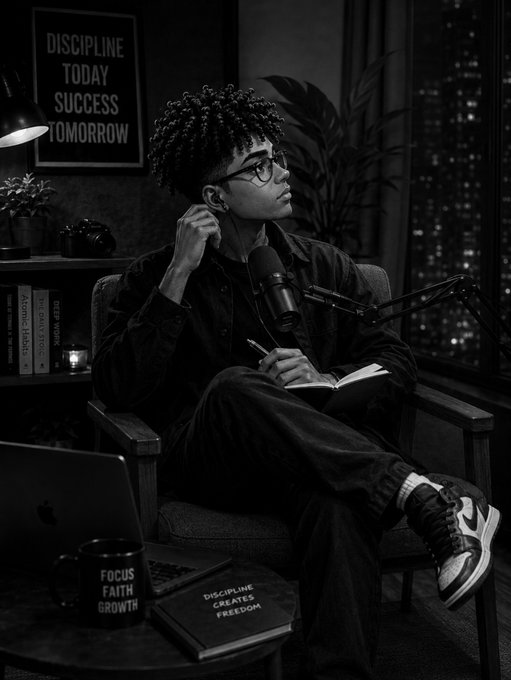 A black-and-white photograph shows a young man with glasses and dreadlocks sitting in a chair, writing in a notebook next to a microphone, with motivational posters reading 'DISCIPLINE TODAY SUCCESS TOMORROW' and 'DISCIPLINE CREATES FREEDOM' visible.