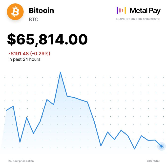 "The main focus of this image is Bitcoin trading with a blue line graph displaying its price trends. The Bitcoin price has been relatively flat over the past few days, but is currently holding key levels within a narrow range of $65.8K to $67.9K. The market seems to be in a pause after last week's volatility and trade volume is down by 0.29% over the last 24 hours on this Bitcoin trading platform."