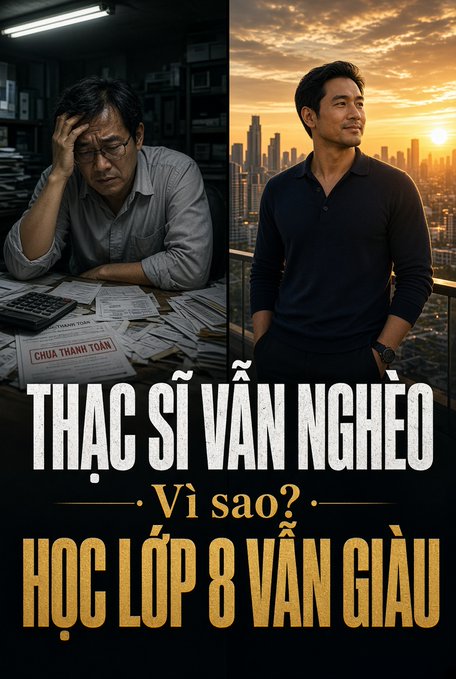 A Vietnamese motivational graphic contrasting a stressed man surrounded by debt papers with a successful man overlooking a city skyline, with text 'THẠC SĨ VẪN NGHÈO - Vì sao? HỌC LỚP 8 VẪN GIÀU'.