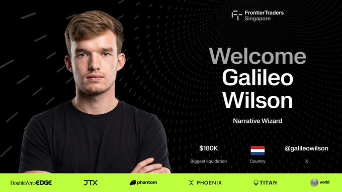 The image is a welcome graphic for FrontierTraders Singapore announcing "Galileo Wilson" as a "Narrative Wizard" competitor, highlighting his $180K biggest liquidation, Netherlands country flag, and @galileowilson handle, with sponsor logos at the bottom. It relates to the post by promoting Galileo's participation in the @joinfrontier trading competition on October 6, where he's aiming to win a GT3 RS.