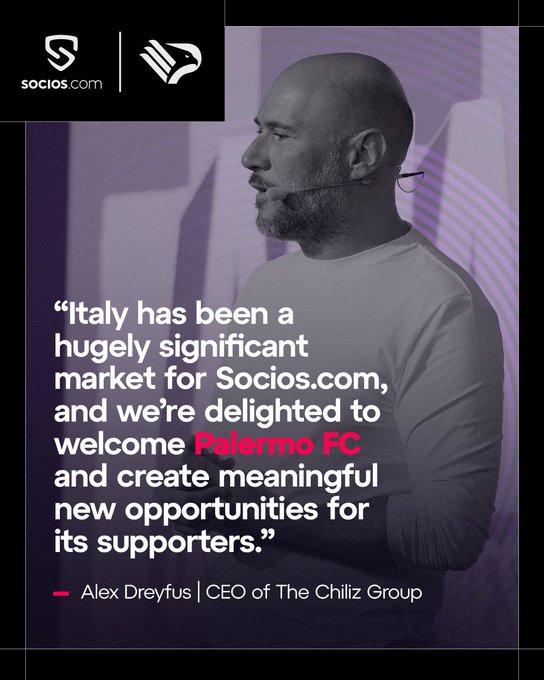 The graphic features a black-and-white profile image of Alex Dreyfus, CEO of The Chiliz Group, wearing a headset and standing before a purple-hued background, with a quote highlighting Italy's significance for Socios.com and welcoming Palermo FC to their platform. The Socios.com logo appears in the top left corner, complementing the accompanying post about Palermo FC joining the growing Italian network of clubs utilizing Fan Tokens to enhance supporter engagement.