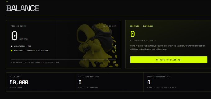 A dark dashboard displays the user's "BALANCE" for the $MOTION token, showing "0" tips sent/received, a "TIPPING POWER" of 0, and an empty "RECEIVED - CLAIMABLE" section with a "NOTHING TO CLAIM YET" button, reflecting a new or inactive account that has yet to earn any allocations. The interface illustrates the starting point before users engage in the promotional activities and tipping interactions described in the post.