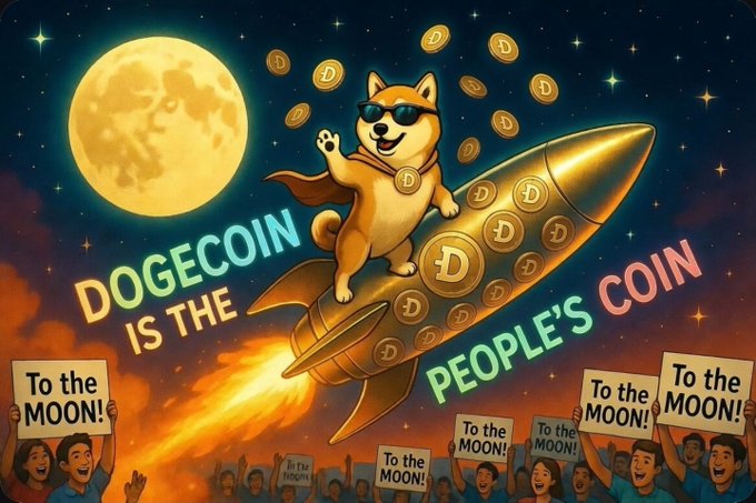 The image features a cartoon dog riding a rocket ship, with the words "DOGEcoin IS THE PEOPLE'S coin" written above the scene. This suggests that the image is related to a cryptocurrency or digital currency project called "People's Coin". The dog and rocket are positioned in front of a crowd of people who appear to be holding signs, indicating some sort of protest or rally related to the project.

The text "To the Moon!" can also be seen in the image, which might suggest that the project is related to space exploration or has ties to the moon. The overall atmosphere and content of the image convey a sense of excitement and anticipation for the launch of this new digital currency project.