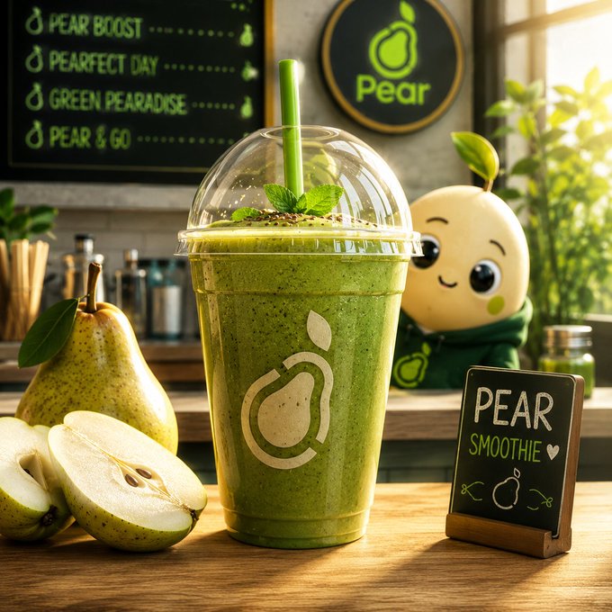 A green pear smoothie in a plastic cup with a dome lid and straw, garnished with mint and chia seeds, displayed on a wooden counter next to a cute pear mascot; the chalkboard menu reads 'PEAR BOOST', 'PEARFECT DAY', 'GREEN PEARADISE', and 'PEAR & GO', with a small sign labeled 'PEAR SMOOTHIE'.
