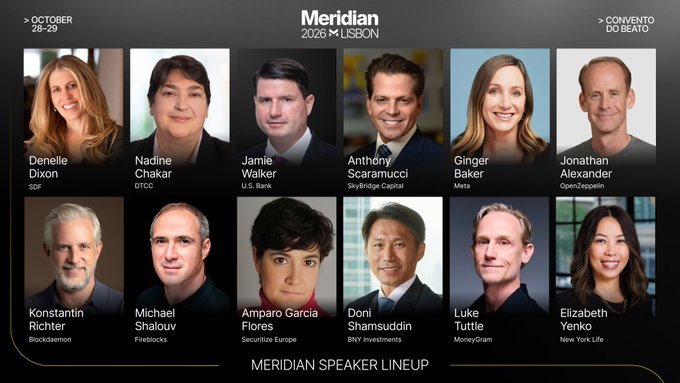 Promotional graphic for the Meridian 2026 conference in Lisbon (October 28-29, Convento do Beato) featuring a speaker lineup with headshots of Denelle Dixon (SDF), Nadine Chakar (DTCC), Jamie Walker (U.S. Bank), Anthony Scaramucci (SkyBridge Capital), Ginger Baker (Meta), Jonathan Alexander (OpenZeppelin), Konstantin Richter (Blockdaemon), Michael Shalov (Fireblocks), Amparo García Flores (Securitize Europe), Doni Shamsuddin (BNY Investments), Luke Tuttle (MoneyGram), and Elizabeth Yenko (New York Life).