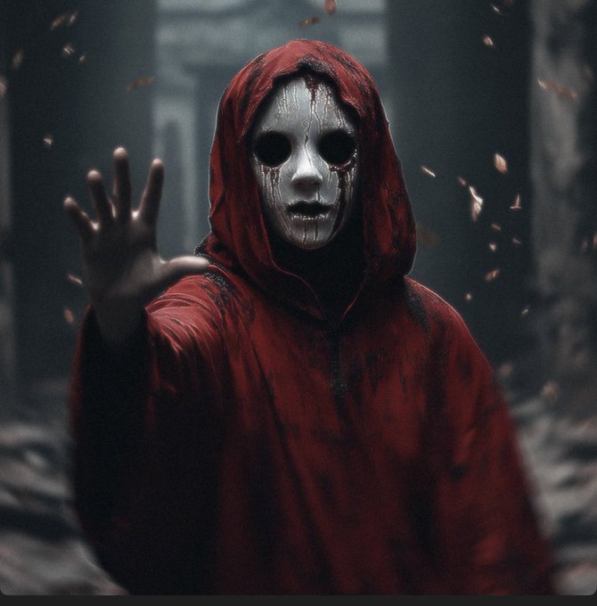 A dark, horror-themed artwork depicting a faceless figure in a blood-red hooded robe with a pale mask, holding up a hand while floating debris swirls around in a gloomy environment.