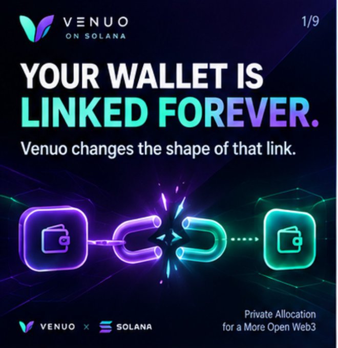 The image is the first slide of a Venuo on Solana thread, featuring the text "YOUR WALLET IS LINKED FOREVER. Venuo changes the shape of that link" alongside a graphic showing a wallet icon connected through broken chains to a second wallet, symbolizing how Venuo disrupts the permanent wallet linkage in public token sales.