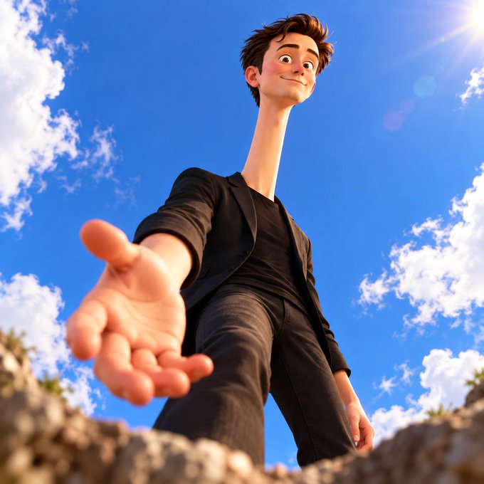 A 3D animated character with an elongated neck reaching a hand down toward the viewer against a blue sky.