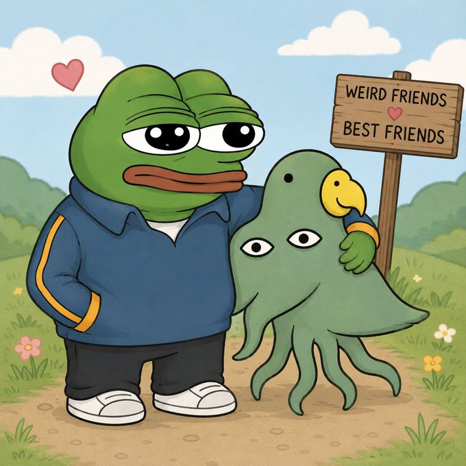 A cartoon illustration of a green Pepe the Frog-style character in a blue hoodie hugging a green octopus/parrot hybrid, with a wooden sign reading 'WEIRD FRIENDS ❤ BEST FRIENDS'.
