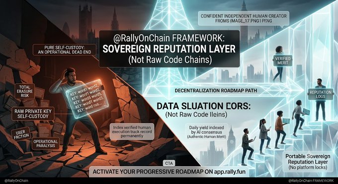 A digital promotional poster for '@RallyOnChain FRAMEWORK: SOVEREIGN REPUTATION LAYER (Not Raw Code Chains)' with text emphasizing decentralization, portable sovereign reputation, and a call to 'ACTIVATE YOUR PROGRESSIVE ROADMAP ON app.rally.fun'.