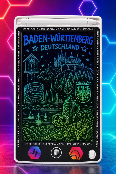 The image displays a coin featuring a neon-blue sketch of Baden-Württemberg, Germany, highlighting landmarks like Stuttgart's Mercedes-Benz Museum, Hohenzollern Castle, and the state's coat of arms, with text promoting "FREE COINS - PULSECHAIN.COM - RELIABLE - HEX.COM." This ties to the post by showcasing the PulseChain community's effort to spread awareness by minting region-specific collectibles across Germany.