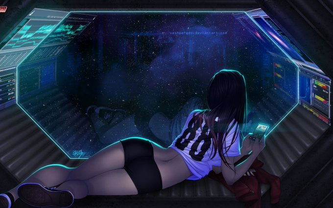 Anime-style digital illustration of a woman in a sports jersey lying inside a futuristic pod or cockpit with glowing screens and a starry display.