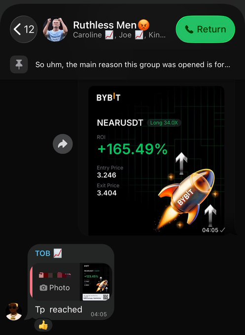 A group chat screenshot named 'Ruthless Men' featuring a trading post showing BYB'T NEARUSDT Long with +165.49% ROI, entry price 3.246 and exit price 3.404.