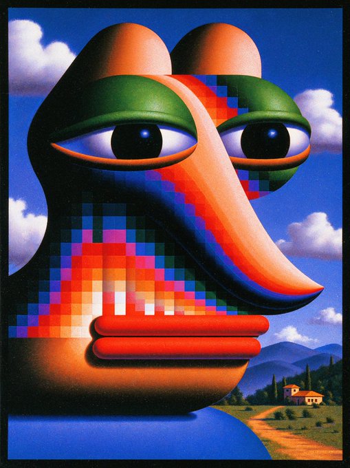A vibrant, surrealist-style digital artwork of a face featuring pixelated patterns, bold colors, and stylized eyes, set against a landscape with a house and cypress trees.