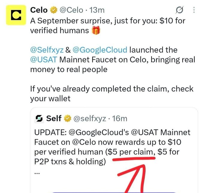 A tweet from @Celo announces a September surprise offering "$10 for verified humans" via the @USAT Mainnet Faucet on Celo, launched with @Selfxyz and @GoogleCloud, with an embedded quote from @selfxyz clarifying the breakdown as "$5 per claim, $5 for P2P txns & holding" — aligning with the post's announcement of an instant $5 USA₮ claim for Passport users.