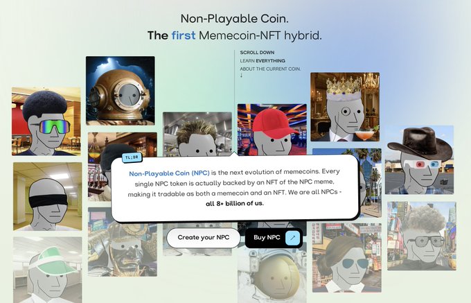 A promotional graphic for 'Non-Playable Coin' describing it as 'The first Memecoin-NFT hybrid,' featuring various NPC meme characters and 'Create your NPC' and 'Buy NPC' buttons.