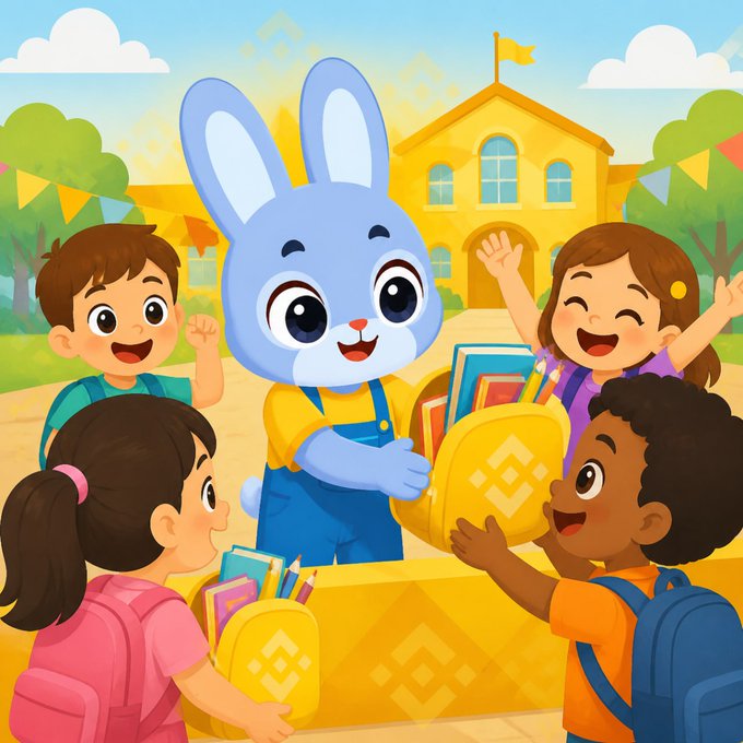 A cheerful blue bunny mascot in overalls hands out backpacks filled with colorful books to excited children outside a sunny schoolhouse, symbolizing how small contributions add up to fund free education for kids. The welcoming scene captures the spirit of the message — that every transaction, big or small, helps provide learning opportunities to children one step at a time.