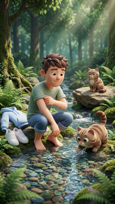 A 3D animated-style image of a barefoot young man crouching by a forest stream, watching two orange tabby cats, one drinking from the water and another sitting on a mossy rock.