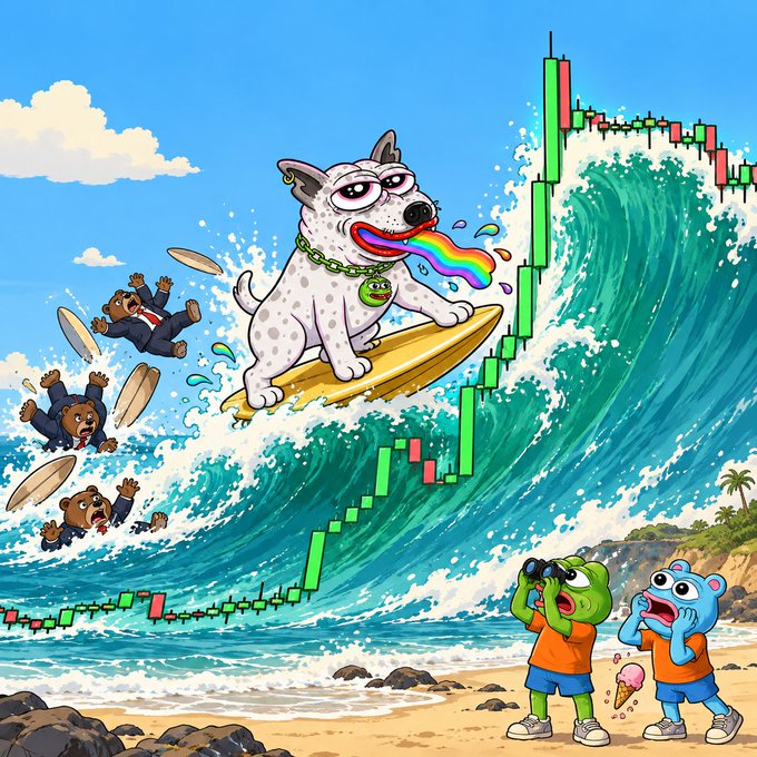 A cartoon illustration shows a spotted dog riding a surfboard on a massive wave shaped like a green and red candlestick stock chart, with bear-suited figures wiping out behind it and frog and bear characters watching from the shore.