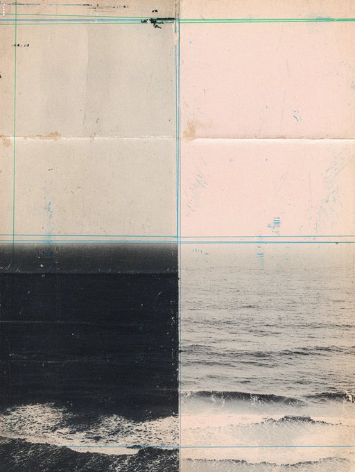 An abstract mixed-media artwork divided into four quadrants showing sky, sea, and dark ocean sections with pastel tones.