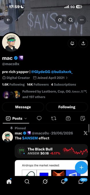 A Twitter/X profile for 'mac' (@macs0x) showing the display name 'pre rich yapper' and a pinned post titled 'The $ANSEM effect' featuring a Black Bull ANSEM stock chart.