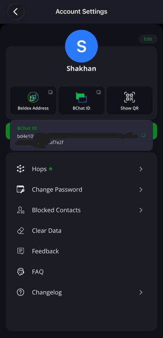 An 'Account Settings' screen for a user named 'Shakhan,' displaying a Beldex Address, BChat ID, and menu options like Hops, Change Password, Blocked Contacts, Clear Data, Feedback, FAQ, and Changelog.