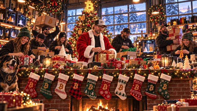A festive Bitcoin-themed Christmas scene with a person dressed as Santa, stockings featuring the Bitcoin 'B' logo, and a Christmas tree topped with a Bitcoin symbol.