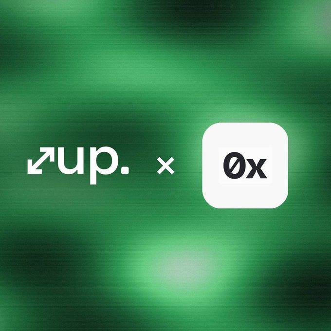 The image features a green gradient background displaying the "up." logo with an upward arrow next to an "x" and the "0x" logo in a white square, indicating a collaboration or partnership between Up and 0x, which aligns with the post's announcement referencing 0x, @uponrh, and @RobinhoodCrypto.