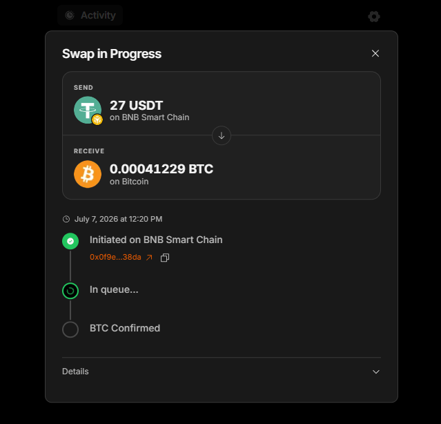 A cryptocurrency swap interface modal titled 'Swap in Progress', showing a transaction sending 27 USDT on BNB Smart Chain to receive 0.00041229 BTC on Bitcoin, with the status currently 'In queue...'.