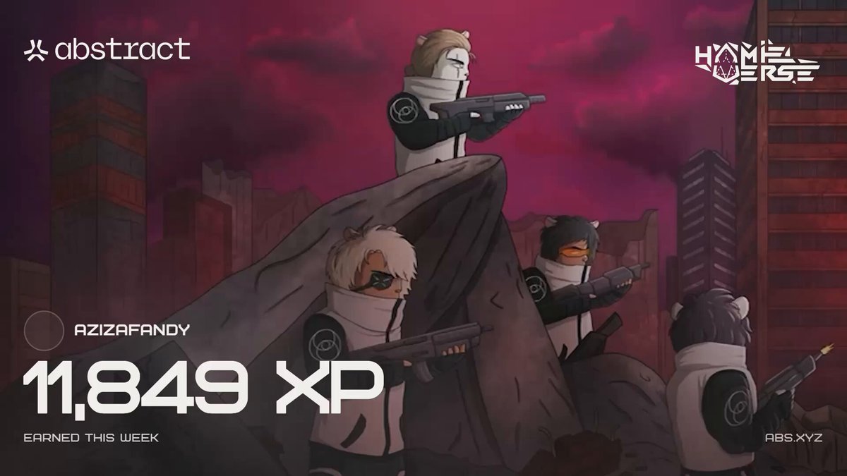 The image features a cartoon-style scene of four cartoon characters standing on top of a rock formation with guns. The characters are wearing white outfits and have their arms raised, giving off an impression that they are ready for battle or some sort of confrontation. In the background, there is a cityscape with buildings visible in the distance.

The post includes text that reads "Week 72 Still grinding XP on @AbstractChain Now with the @hamieverse XP Card Let'S keep it going, guys Fingers crossed again Show me some love guys". This suggests that the characters are part of an ongoing game or activity and might be discussing their progress or strategies.