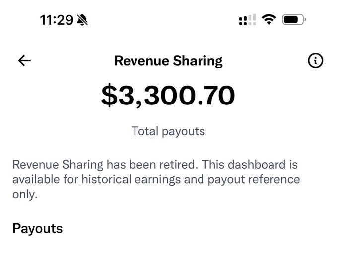 A mobile screenshot showing a "Revenue Sharing" dashboard with "Total payouts" of $3,300.70, noting that the program has been retired.