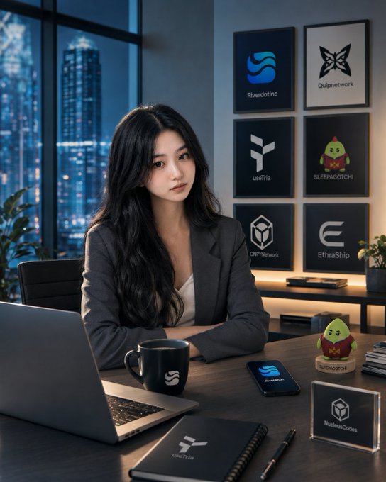 An image of a young woman with long dark hair sitting at a desk with a laptop and coffee mug, surrounded by crypto/NFT project logos including RiverdotInc, Quipnetwork, useTria, SLEEPAGOTCHI, CIPNetwork, and EthraShip.